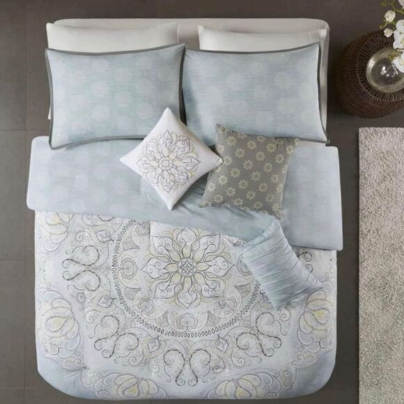 7 Piece Reversible Cotton Sateen Comforter Seafoam Full/Queen, NEW - Picture 2 of 4
